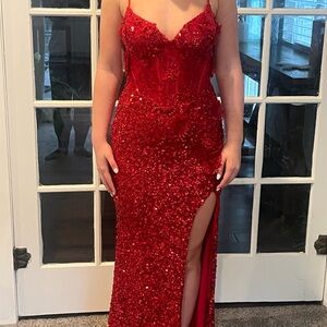 Red Sequin Embellished Prom Gown